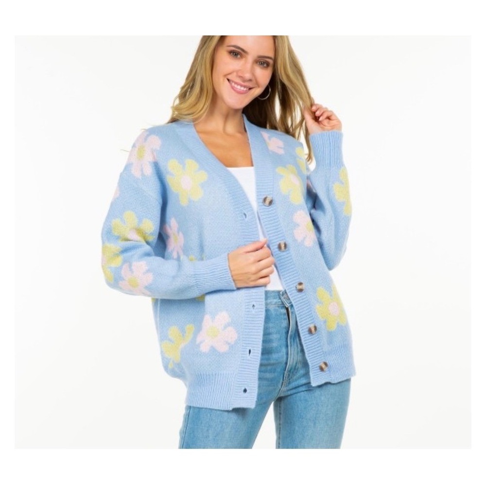 AZ Floral Cardigan Sweater Women L/XL Blue Pastel Cottagecore Fuzzy Button Front